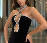 Exquisite Rhinestone Halter Slim Fit Bandage Split Dress Socialite Dinner Catwalk Dress
